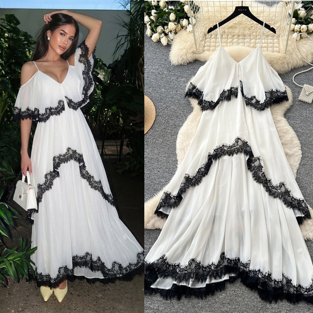 Vacation style lacepatchwork suspender dress female summerk-stylev neckasymmetrical fairy elegant long skirt slimming look