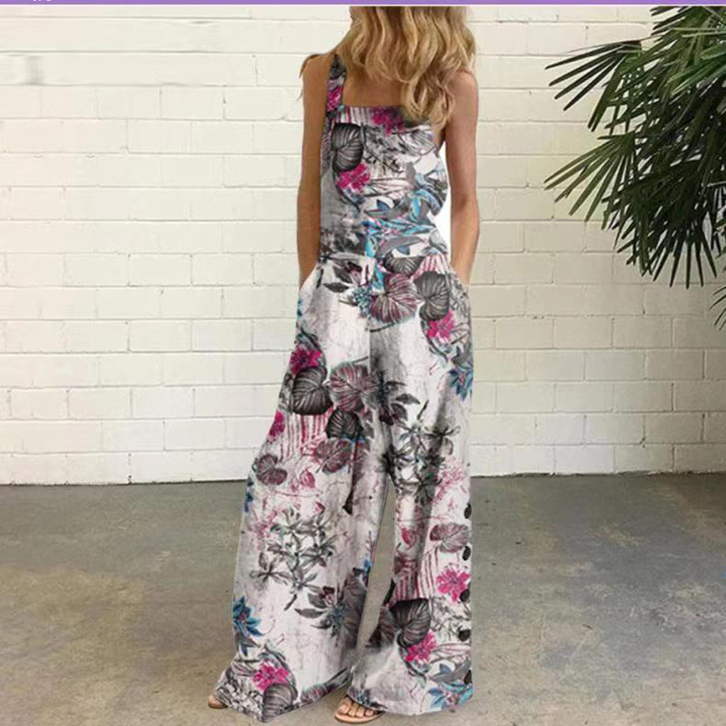 summer cross-border  new european and american fashion digital print loose sleeveless overalls jumpsuit for women