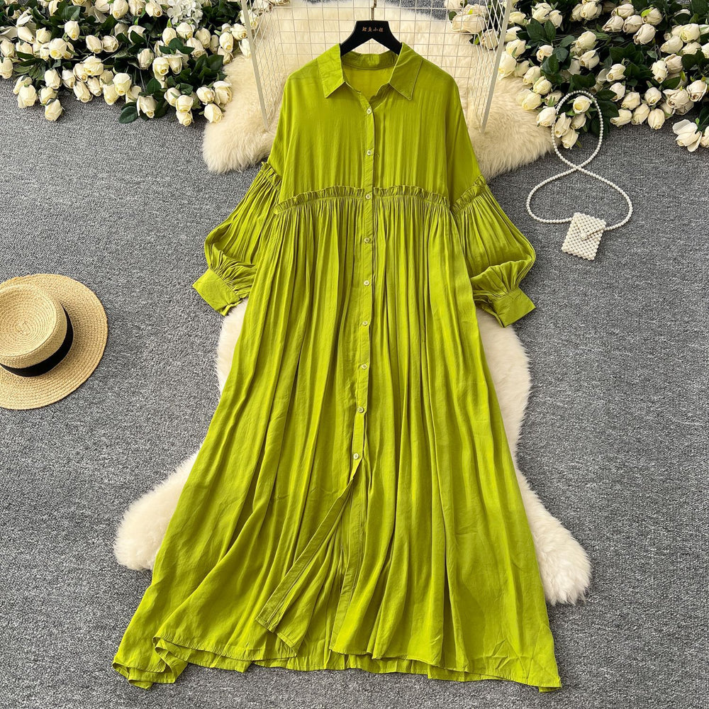 Vintage-inspired casual dress for women - spring  collection: pleated lantern sleeve, relaxed fit, single-breasted shirt dress
