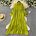 Vintage-inspired casual dress for women - spring  collection: pleated lantern sleeve, relaxed fit, single-breasted shirt dress