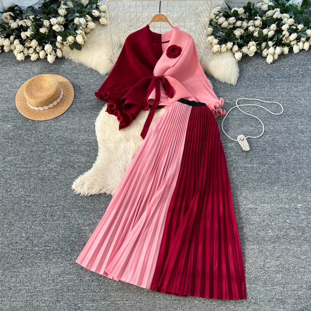 Elegant and chic commute style: sleeveless two-piece pleated skirt set with tie-waist detail - purple, autumn collection, designer piece