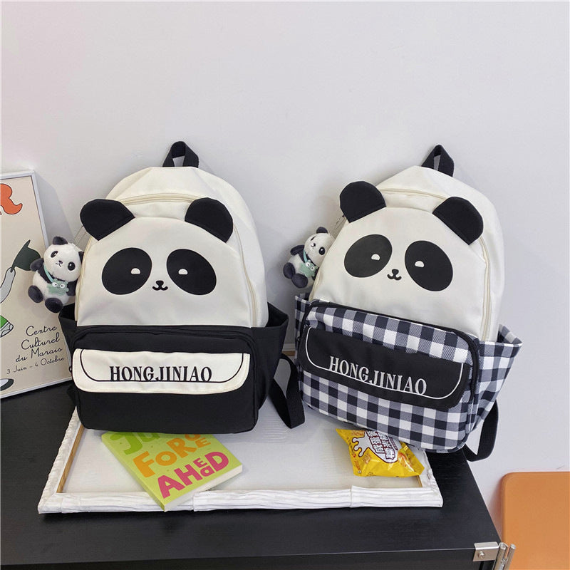 New plaid versatile casual girl backpack cute cartoon panda schoolbag female primary school junior high school student backpack