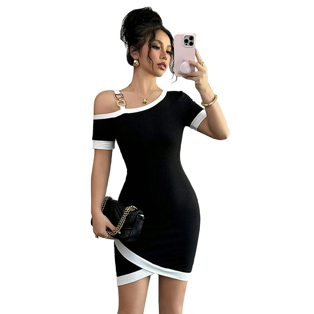 cross-border tkexport women's clothing intellectual dress spring and summer new arrival oblique collar single suspender hip skirt