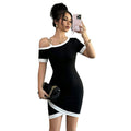 cross-border tkexport women's clothing intellectual dress spring and summer new arrival oblique collar single suspender hip skirt