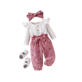 export  autumn new arrival: white flutter sleeve knit top, pink floral print joggers with drawstring, and belt - 3-piece set