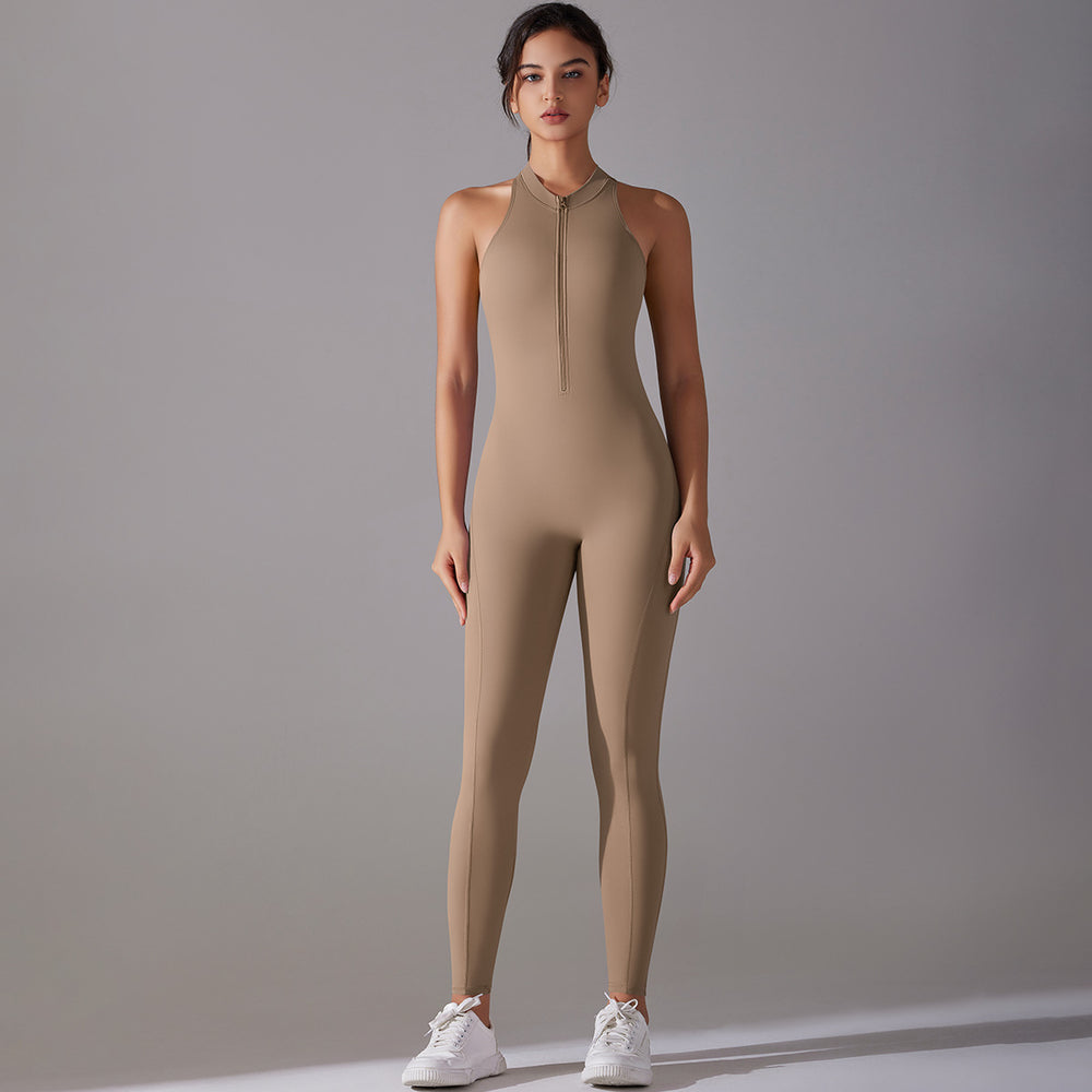 European and american style one-piece zippered yoga bodysuit - women's activewear, compression fit, cutout back, running & fitness jumpsuit