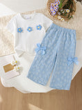 Kids clothing  cross-border new arrivalfashion spring & fallgirlwhite short-sleeved t-shirt + blue pants