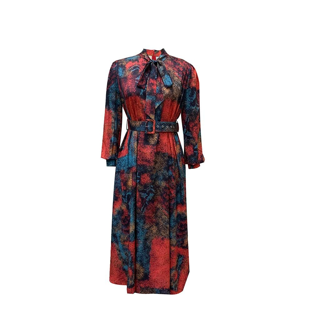 D238 free belt   spring cross-border new long-sleeved high-waisted printed plus size banquet export dress