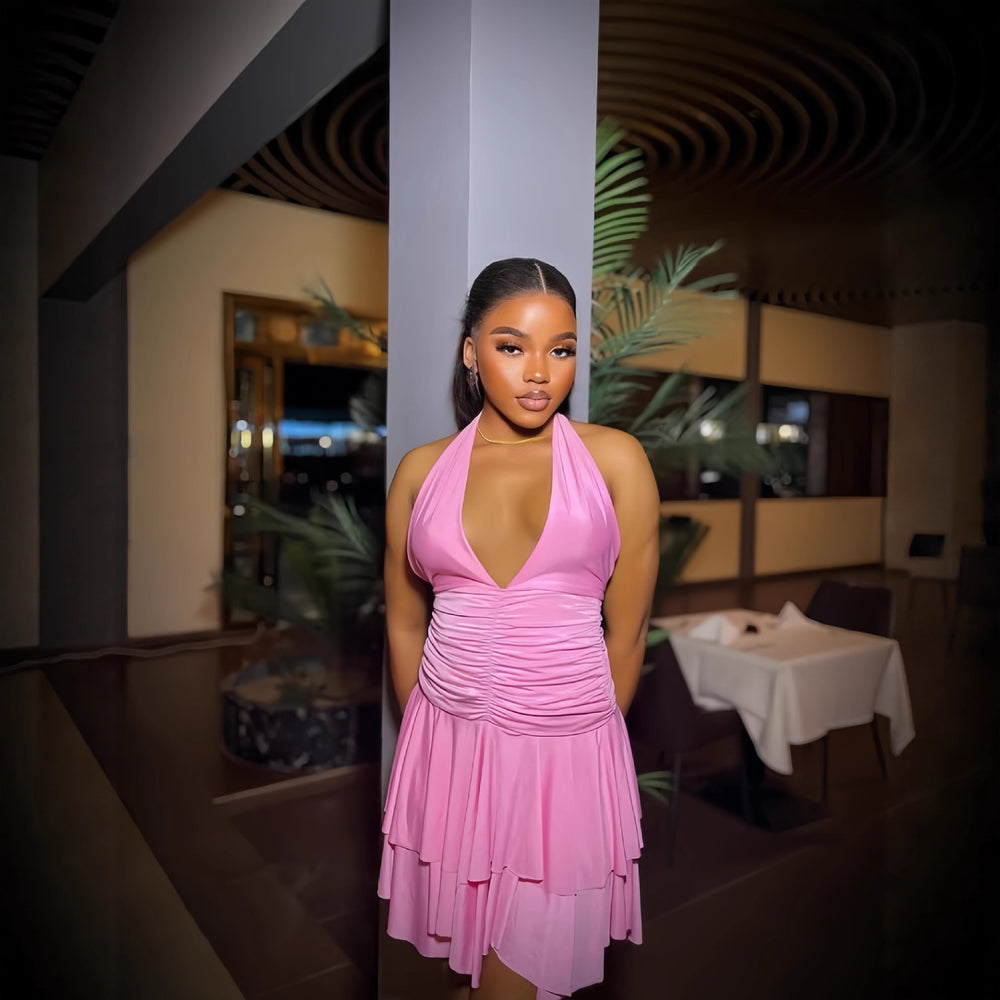 European and american cross-border women's fashion:  early winter new arrival - solid color sleeveless halter neck v-neck backless ruched mini dress