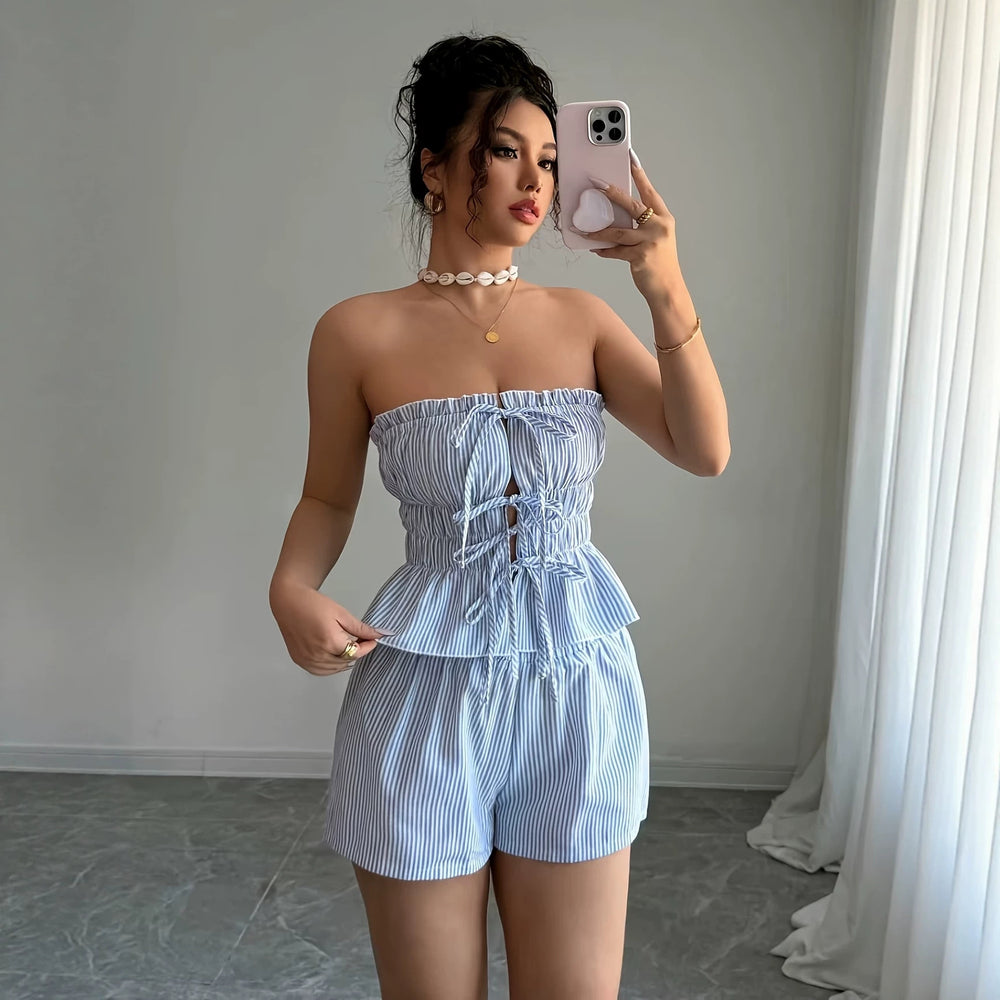 summercasual sleeveless stripesruffles strapless tops elastic shorts two-piece setsuitfashion