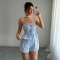 summercasual sleeveless stripesruffles strapless tops elastic shorts two-piece setsuitfashion