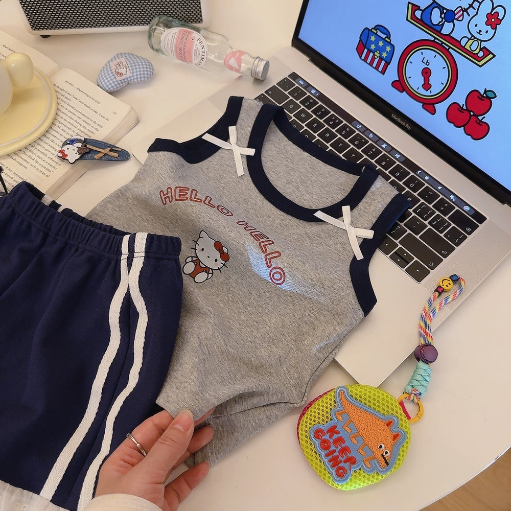 Girls' summer outfit: new 3d bowknot cartoon print tank top and lace shorts set - wholesale & dropshipping available