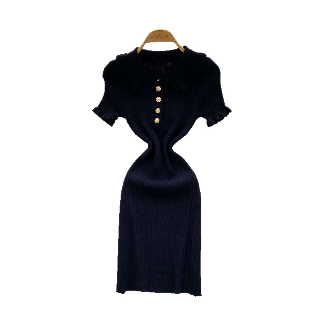 Frenchretro doll collar short-sleeved waist knittingdress women's summerslimming lookelegant tight hip-hugging sweater skirt