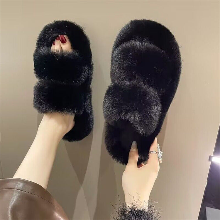 Furry slippers for women outwear 2023new arrivalk-style ins trendy shoes fall and winter home cotton slippers double strap one-line slippers