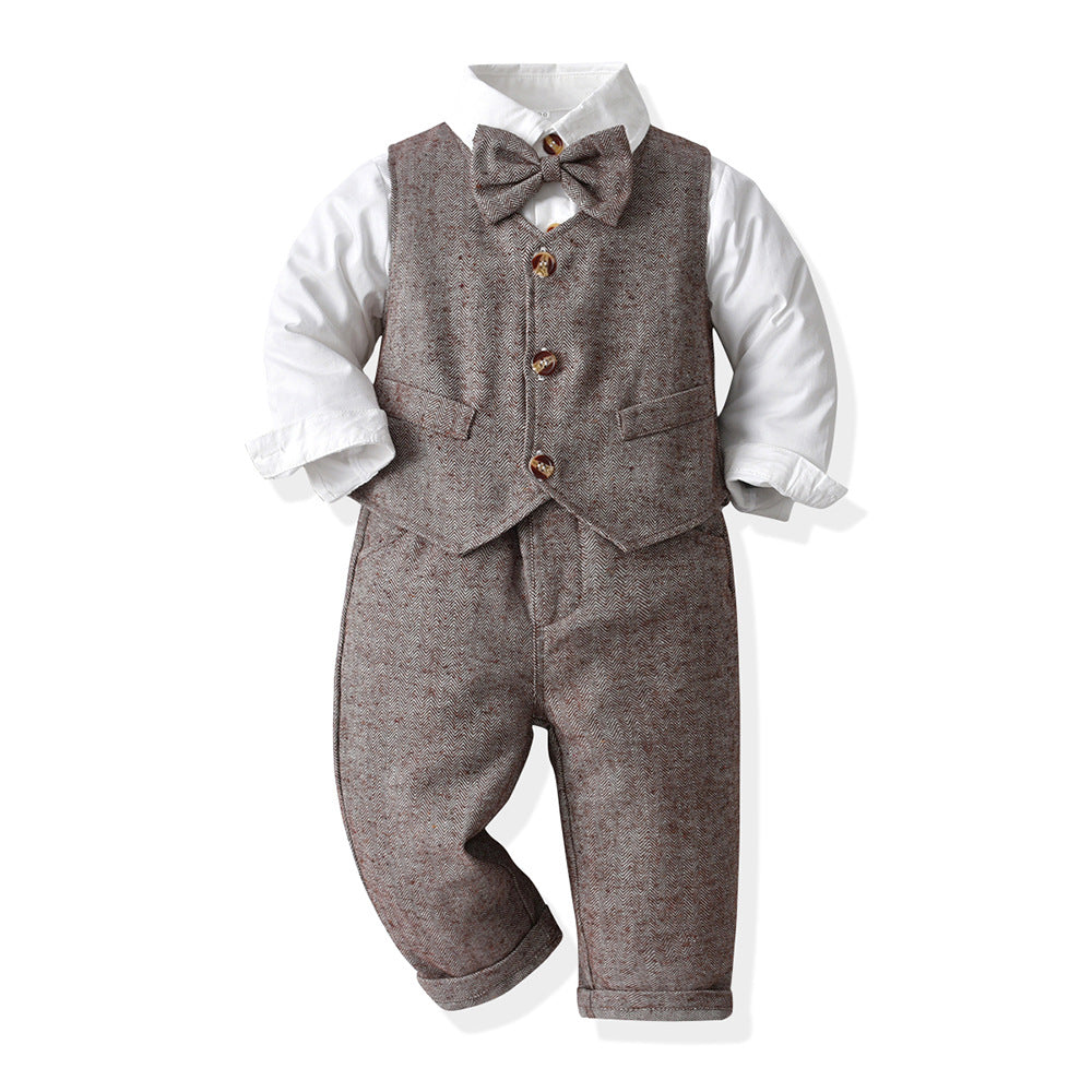Spring boys' vest gentleman's suit new children's set long sleeve white shirt overalls runway birthday performance outfit