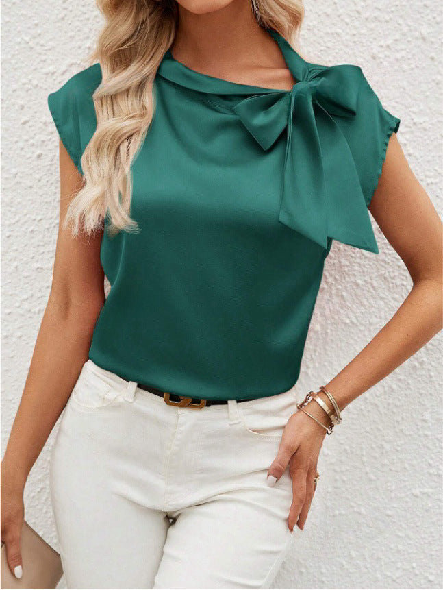 semi-open neck bow satin top, niche design satin women's clothing,   European and American new T-shirts