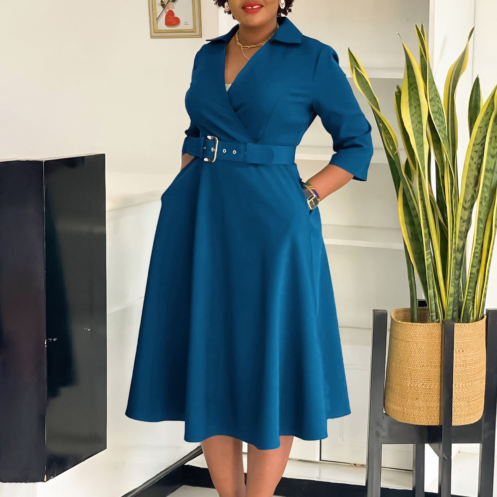 D3290 european and american plus size women's clothing  autumn new arrival: lapel collar, stylish and elegant solid color maxi dress - export quality
