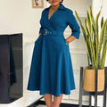 D3290 european and american plus size women's clothing  autumn new arrival: lapel collar, stylish and elegant solid color maxi dress - export quality