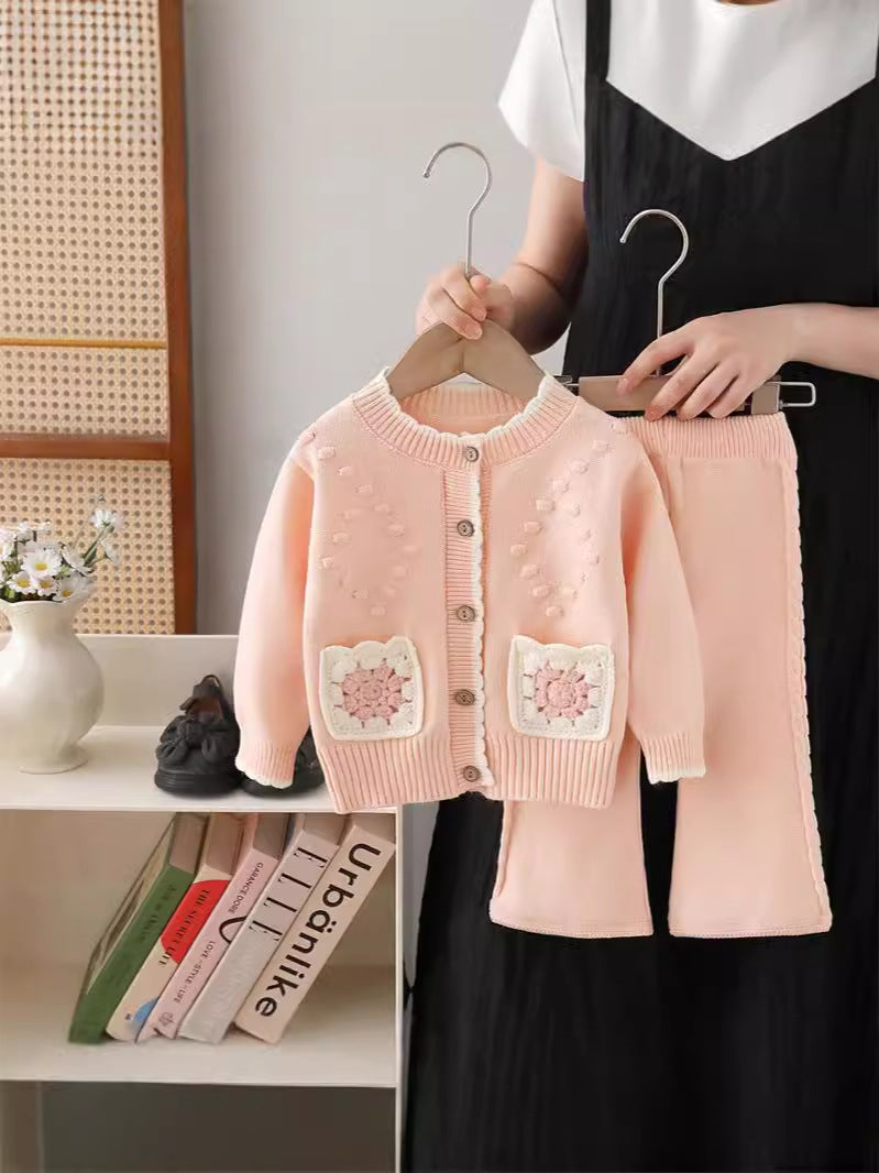Girls' knit sweater jacket & pants set - new autumn/winter  collection with handmade floral accents