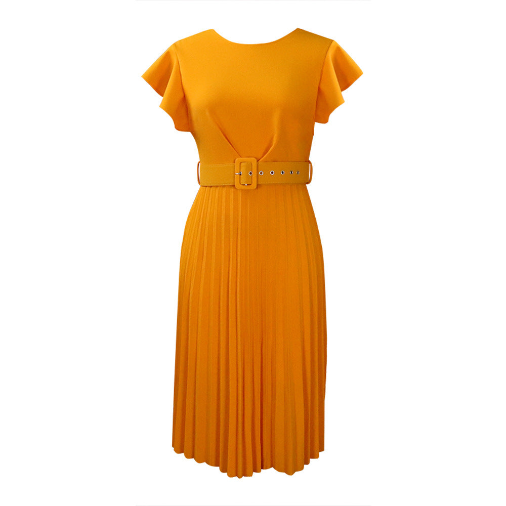 D270 with belt  summer independent station foreign trade ruffle sleeve round neck waist pleated cross-border fashion dress