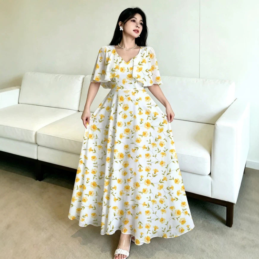 new european and american style white dress with yellow floral print, v-neck, double-layer flutter sleeves, a-line silhouette, and chiffon fabric