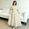 new european and american style white dress with yellow floral print, v-neck, double-layer flutter sleeves, a-line silhouette, and chiffon fabric