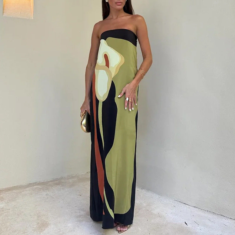 cross-border e-commerce women's fashion: european and american summer new arrivals - trendy off-the-shoulder bandeau sexy backless printed dress