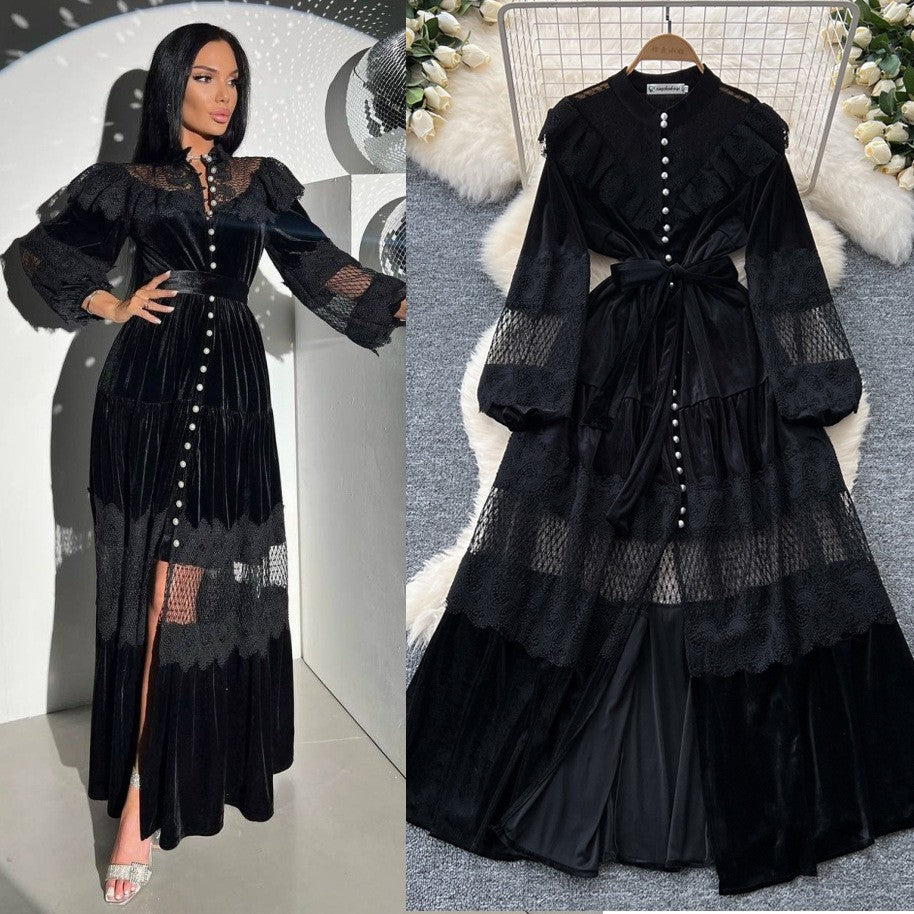 Palace style dress women's frenchretrofashion stand collar pearl single breasted lacepatchwork velvet long skirt