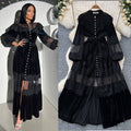 Palace style dress women's frenchretrofashion stand collar pearl single breasted lacepatchwork velvet long skirt