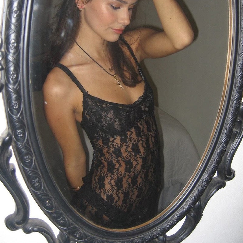 Fashion ins style sexy niche lace see-through suspender skirt  best sellingfashionbacklessdress