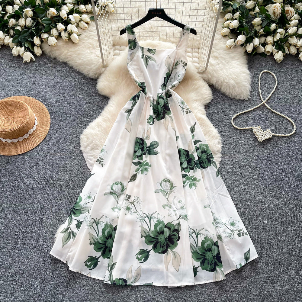 French riviera style printed cami dress - women's summer soft & chic white a-line dress - slim fit, figure-flattering, elegant maxi dress