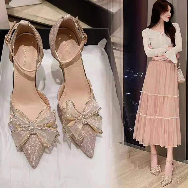 Women's sandals summer 2023 new rhinestone hollow butterfly bridesmaid shoes high heels fairy pointed toe single shoes women's stiletto heels