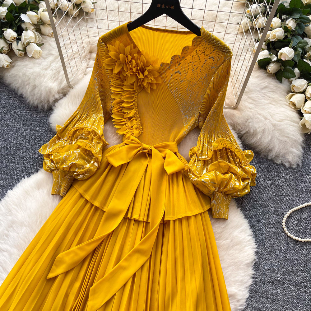Dopamine yellow lantern sleeve french a-line dress - women's spring v-neck waist-cinching pleated maxi dress - high-end elegant style