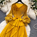 Dopamine yellow lantern sleeve french a-line dress - women's spring v-neck waist-cinching pleated maxi dress - high-end elegant style