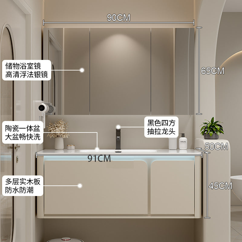 陶瓷一体盆浴室柜组合奶油风卫生间洗漱台洗手池盆柜实木卫浴柜新