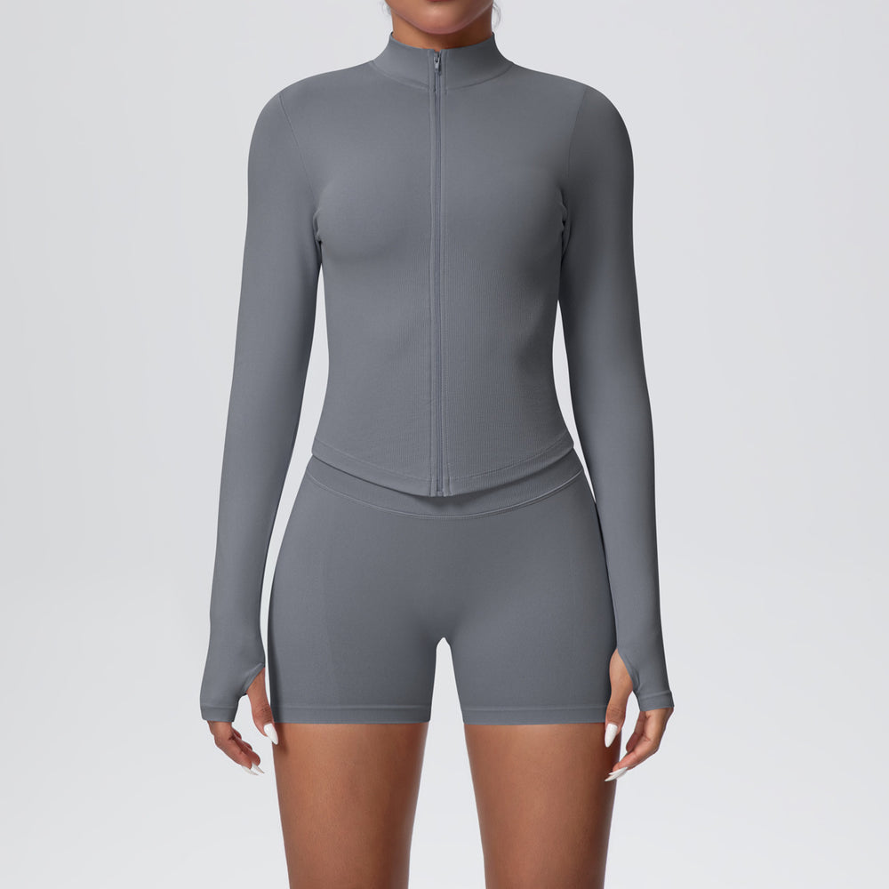 New cross-border seamless solid color high-elastic breathable zipper sports set - running, fitness, and yoga two-piece outfit