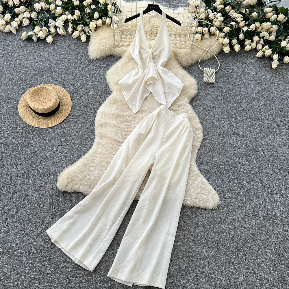 Light luxury work clothing style halter vest loose pantstwo-piece set women's summer big backless waist slimming lookfashionsuit