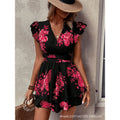Women's summer  new arrival: bestselling printed deep v-neck midi dress with cinched waist and short sleeves