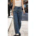 European and american style women's high-waisted wide-leg jeans - beaded, washed, loose-fit, and drapey denim pants for cross-border e-commerce