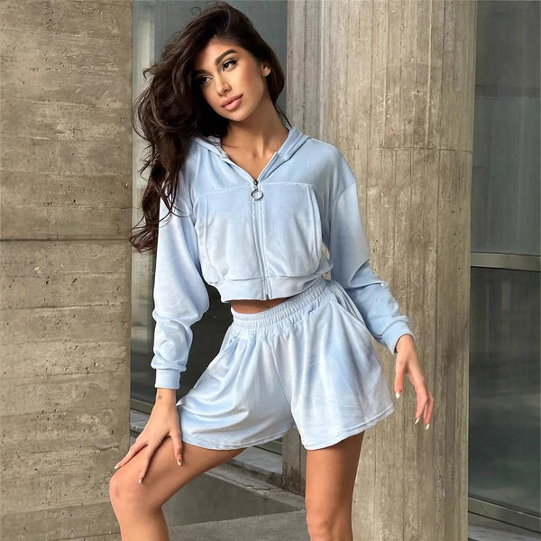Independent Station European and American Women's Casual Suit Long Sleeve Cardigan Sportswear Shorts Two-piece Fashion Shorts Suit Women