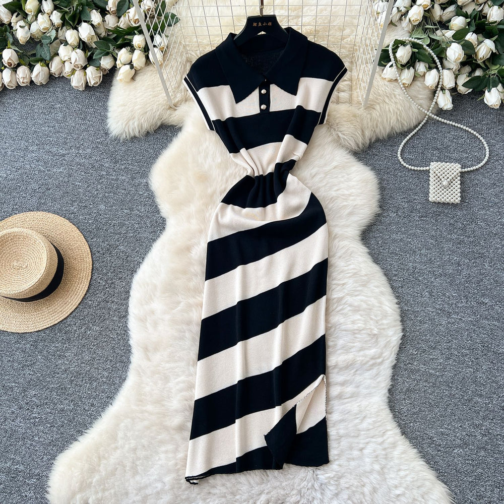 Niche styleretrofashionpolo collar short sleevecontrast colorstripesknittingdress women's waist slit sweater skirt