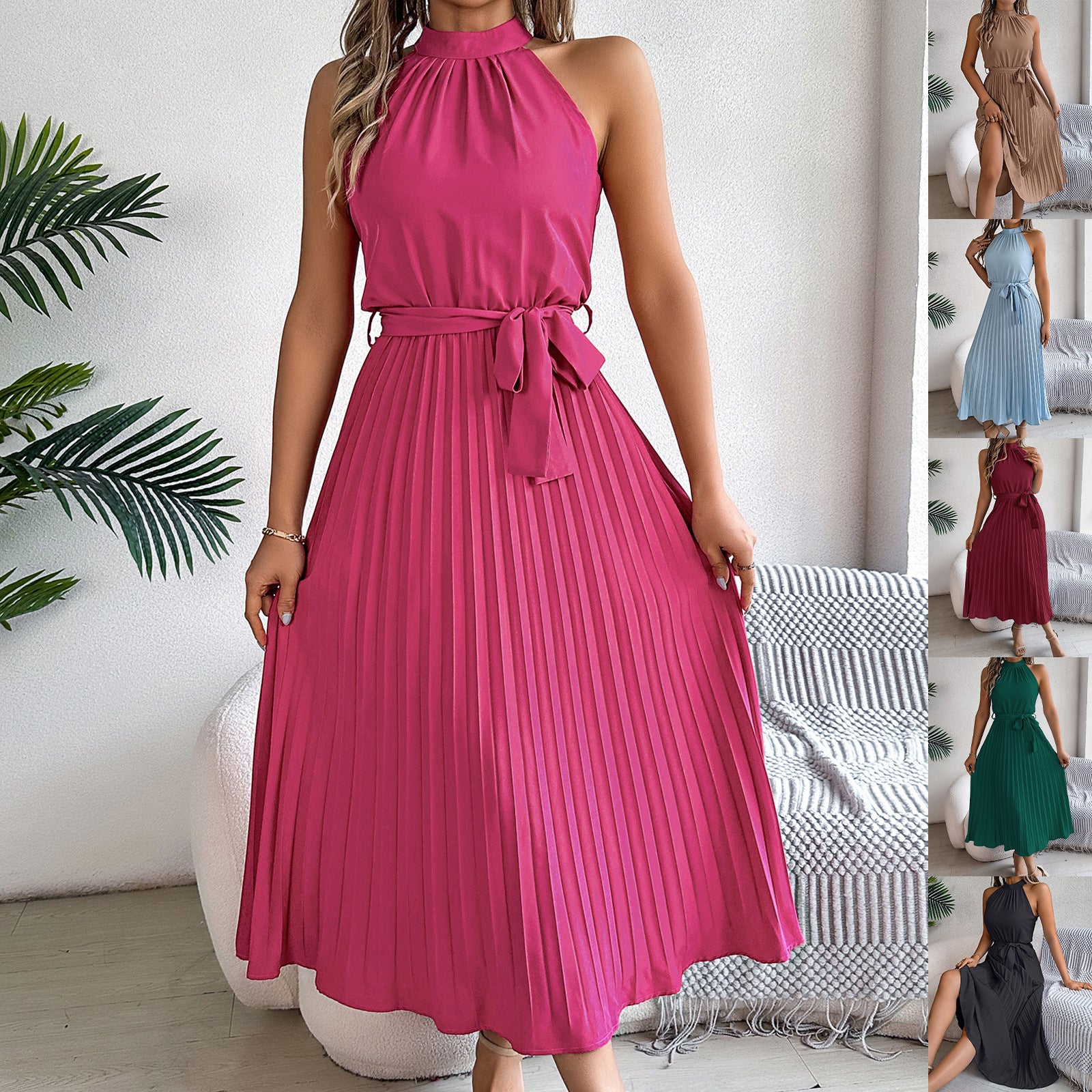 Real shot 2025 European and American spring and summer elegant stand-up collar sleeveless waist pleated dress,   women's clothing