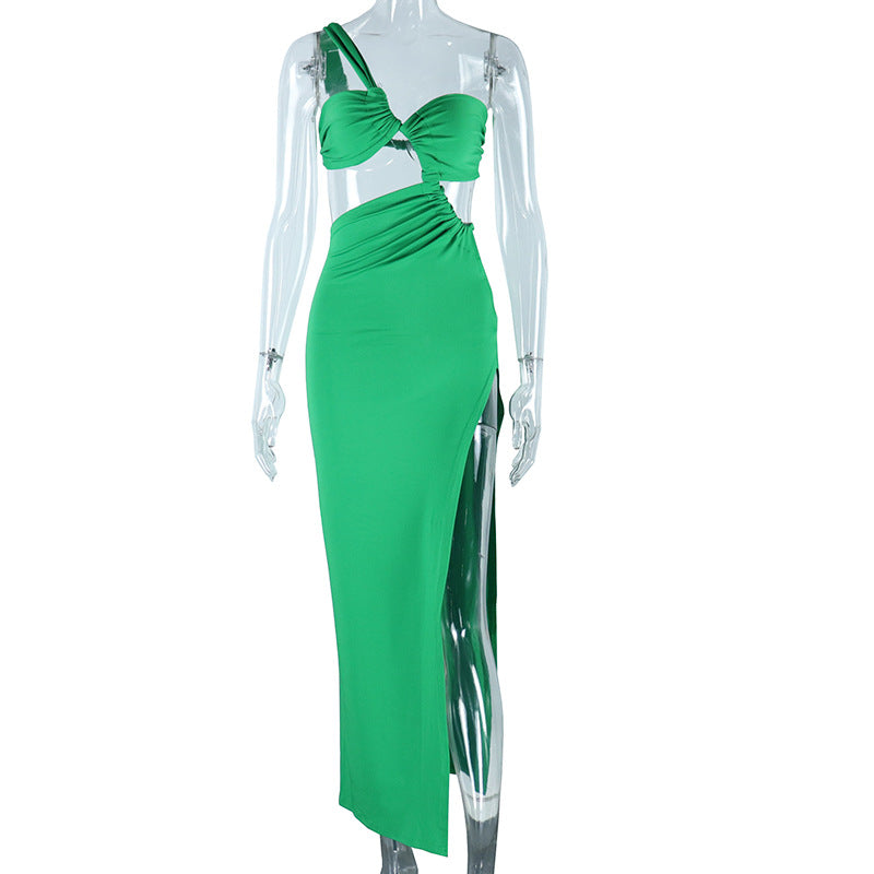 Fashion style oblique shoulder dresspure color pulloversexybackless evening dress long socialite style slit skirt export