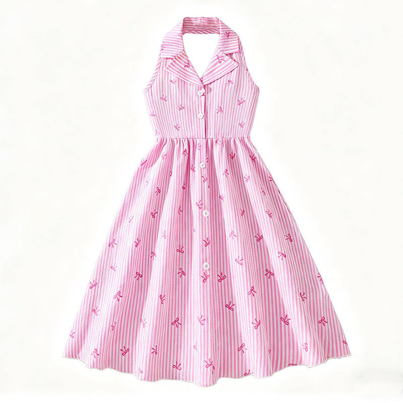 Girls' summer dress: new fashion halter neck sleeveless sweet bow striped european and american casual shirt dress
