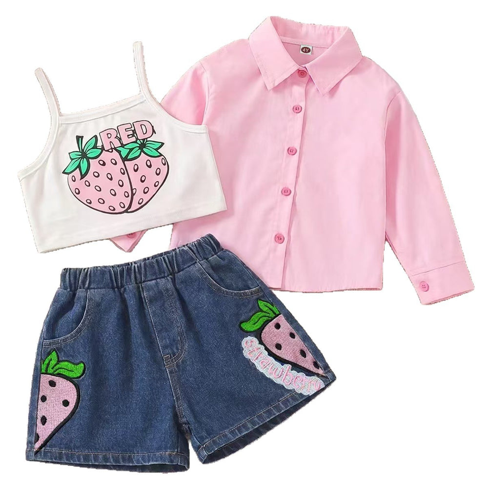 Kids clothing cross-border exclusive i lapel plaid shirt camisole jeans three-piece children's clothing