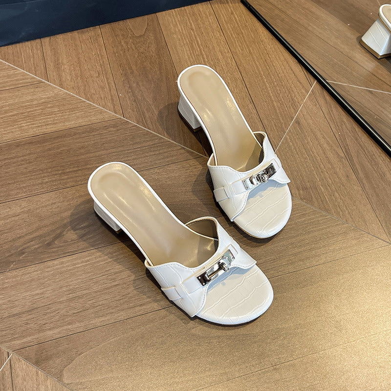 2025 spring/summer premium crocodile-embossed white heeled mules - women's open-toe sandals with small gold buckle and chunky stiletto heel
