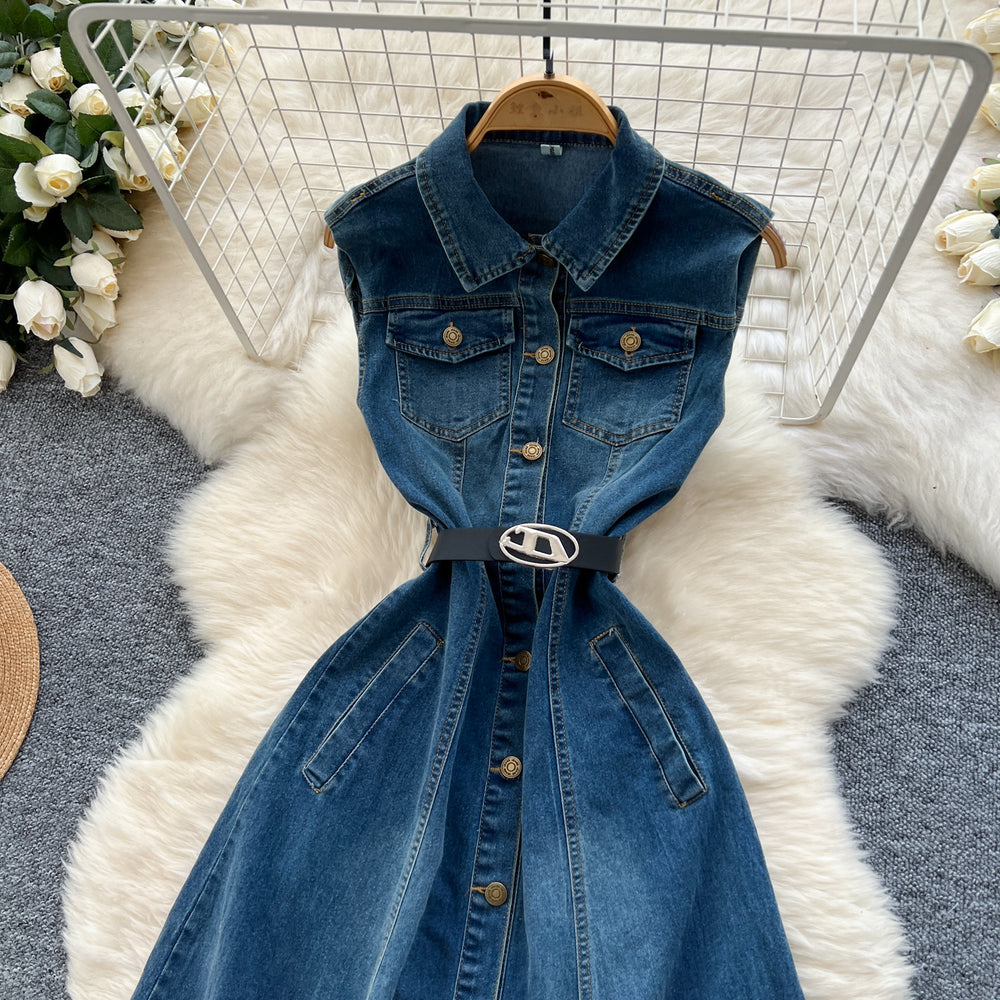 K-styleclassy lapel sleeveless single-breasted waist denim dress women's summerslimming lookelegantcasual long skirt