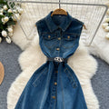 K-styleclassy lapel sleeveless single-breasted waist denim dress women's summerslimming lookelegantcasual long skirt