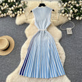 European and american style sleeveless knitted striped dress - women's summer asymmetrical neck belted midi dress - mature and chic