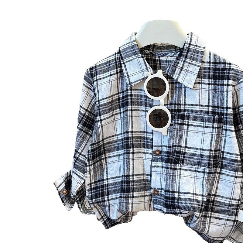 Kids' 100% cotton shirt - new autumn collection: korean style black and white plaid long sleeve shirt for boys - casual, versatile, and stylish top